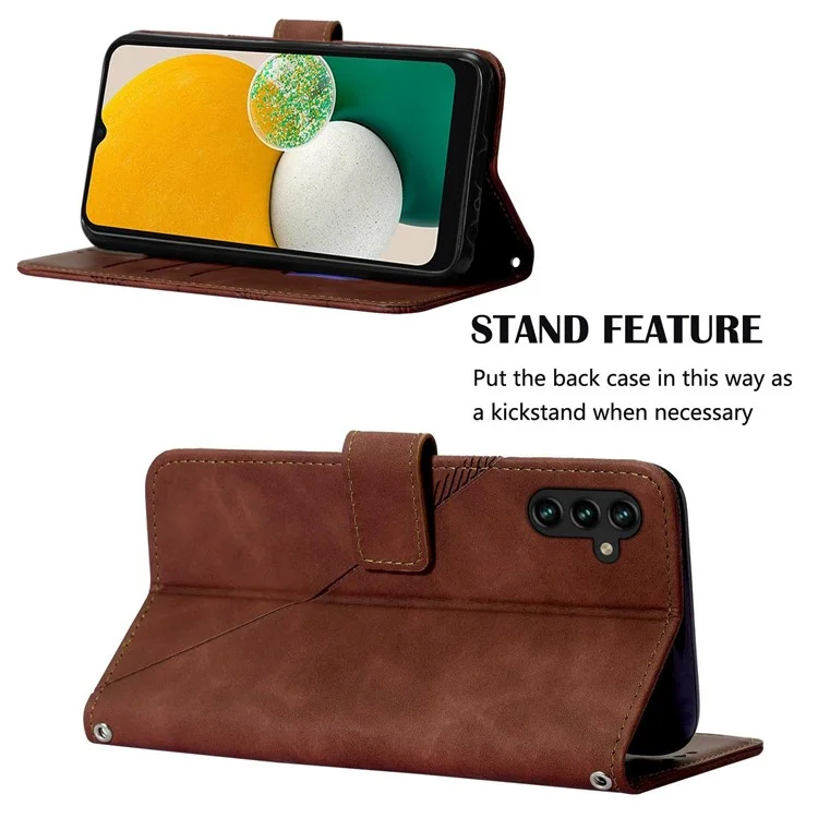 Für Samsung Galaxy A14 5G / A14 4G Telefonständer Hülle PU-Leder Geprägte Linien Wallet Cover mit Schultergurt - Braun