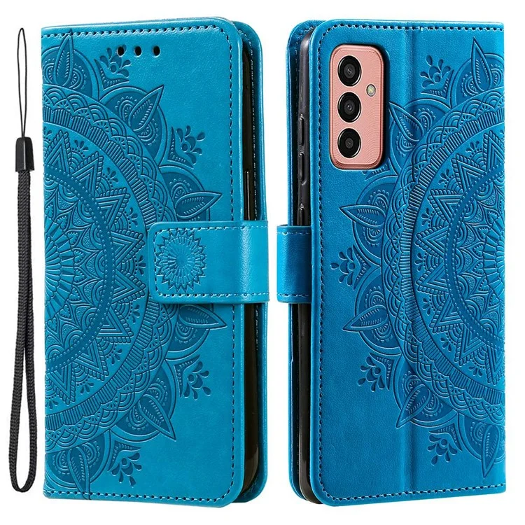 Para Samsung Galaxy A14 5G / A14 4G Capa de couro PU, Padrão de flores Mandala impresso Carteira Case Stand Cover - Azul