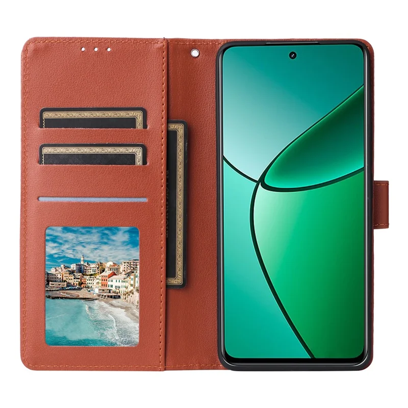 For Realme 14 Pro+ 5G Case Wallet Stand View PU Leather Phone Cover with Wrist Strap - Brown