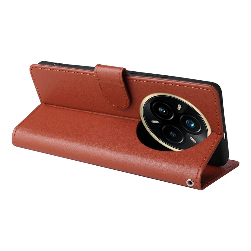 For Realme 14 Pro+ 5G Case Wallet Stand View PU Leather Phone Cover with Wrist Strap - Brown