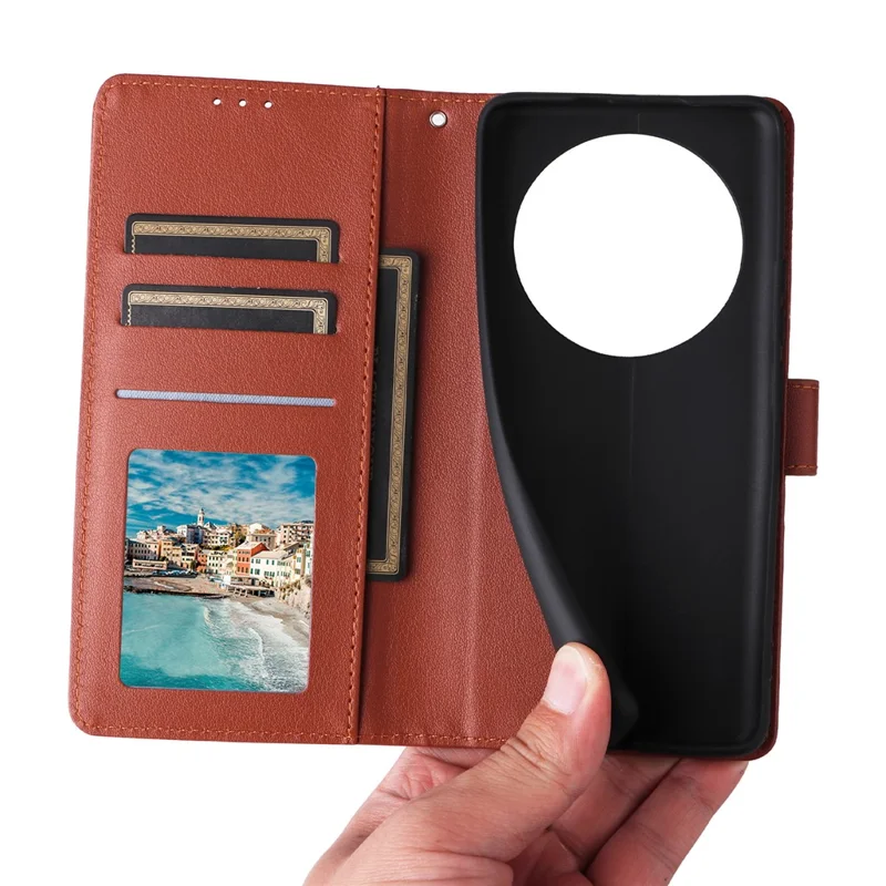 For Realme 14 Pro+ 5G Case Wallet Stand View PU Leather Phone Cover with Wrist Strap - Brown