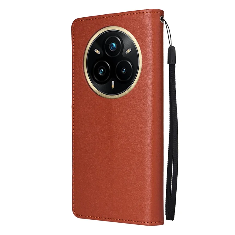 For Realme 14 Pro+ 5G Case Wallet Stand View PU Leather Phone Cover with Wrist Strap - Brown