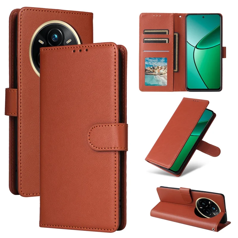 For Realme 14 Pro+ 5G Case Wallet Stand View PU Leather Phone Cover with Wrist Strap - Brown