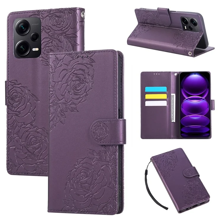 Para Xiaomi Redmi Note 12 Pro+ 5G / Note 12 Explorer 5G Capa Flor de Rosa Carteira de Couro PU com 3 Slots para Cartão - Roxo Escuro