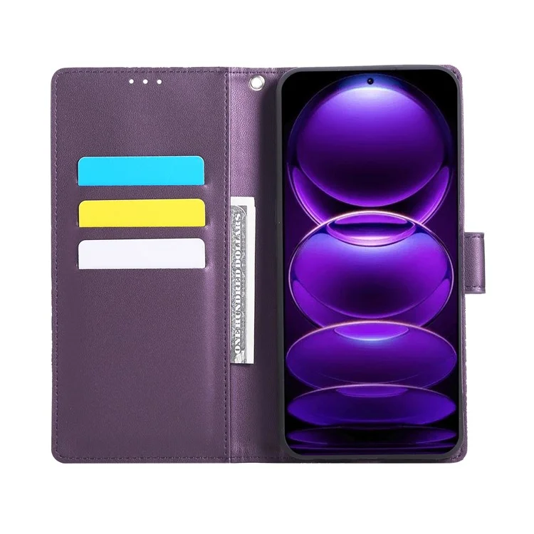 Para Xiaomi Redmi Note 12 Pro+ 5G / Note 12 Explorer 5G Capa Flor de Rosa Carteira de Couro PU com 3 Slots para Cartão - Roxo Escuro