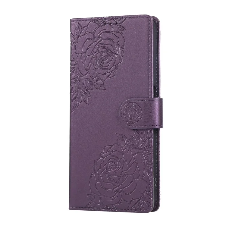 Para Xiaomi Redmi Note 12 Pro+ 5G / Note 12 Explorer 5G Capa Flor de Rosa Carteira de Couro PU com 3 Slots para Cartão - Roxo Escuro
