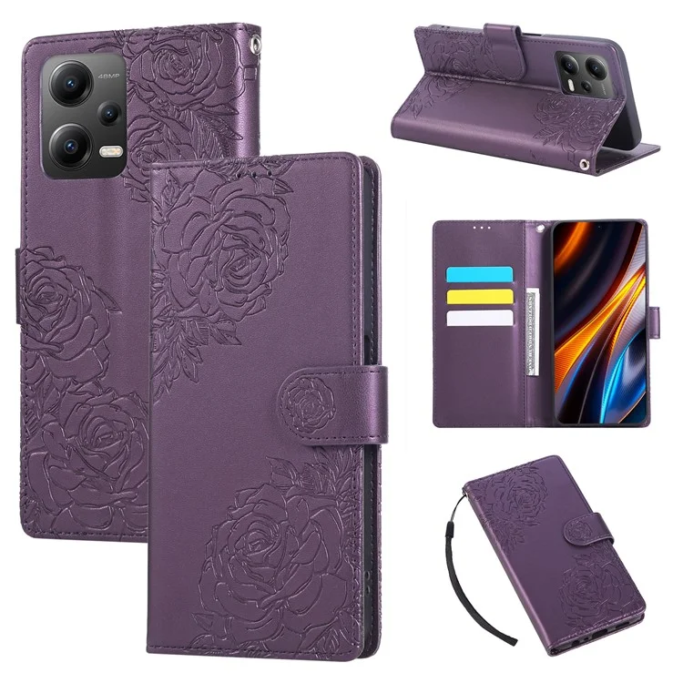 Pour Xiaomi Redmi Note 12 5G (Global) / (Inde) / (Chine) / Étui Poco X5 5G avec fleur de rose en cuir PU Portefeuille Housse de téléphone avec 3 fentes pour cartes - Violet foncé