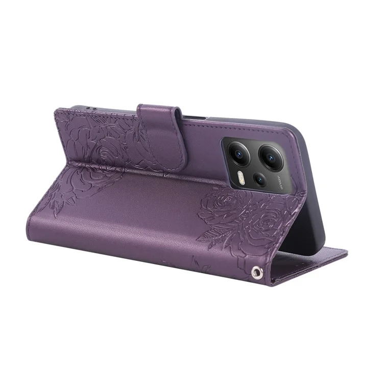 Pour Xiaomi Redmi Note 12 5G (Global) / (Inde) / (Chine) / Étui Poco X5 5G avec fleur de rose en cuir PU Portefeuille Housse de téléphone avec 3 fentes pour cartes - Violet foncé