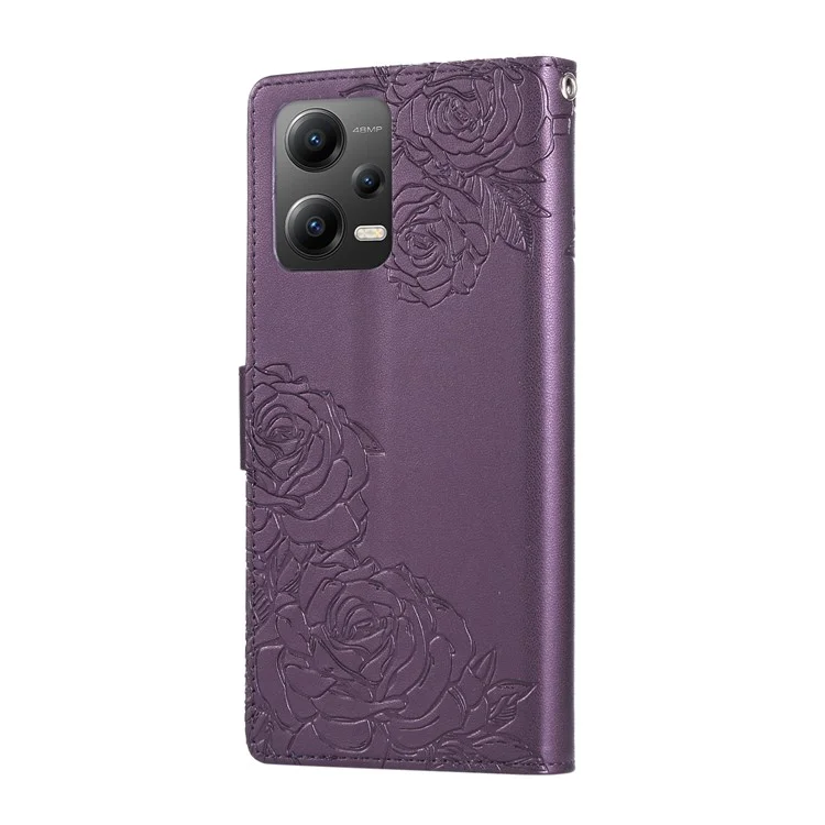 Pour Xiaomi Redmi Note 12 5G (Global) / (Inde) / (Chine) / Étui Poco X5 5G avec fleur de rose en cuir PU Portefeuille Housse de téléphone avec 3 fentes pour cartes - Violet foncé