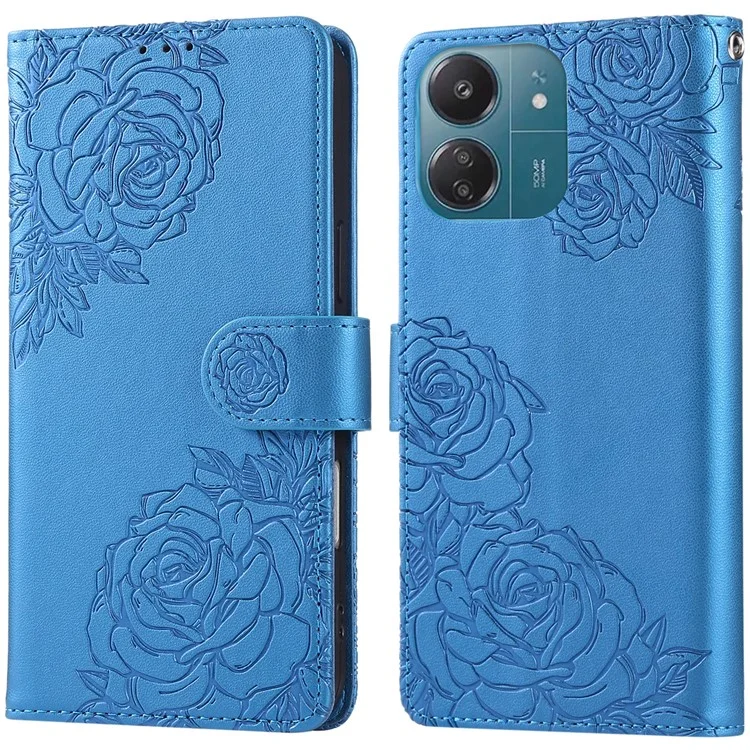 Funda para Xiaomi Redmi 13C 4G / 13C 5G / Poco C65 4G de Cuero PU con Diseño de Flor Rosa, Cartera con 3 Ranuras para Tarjetas - Azul