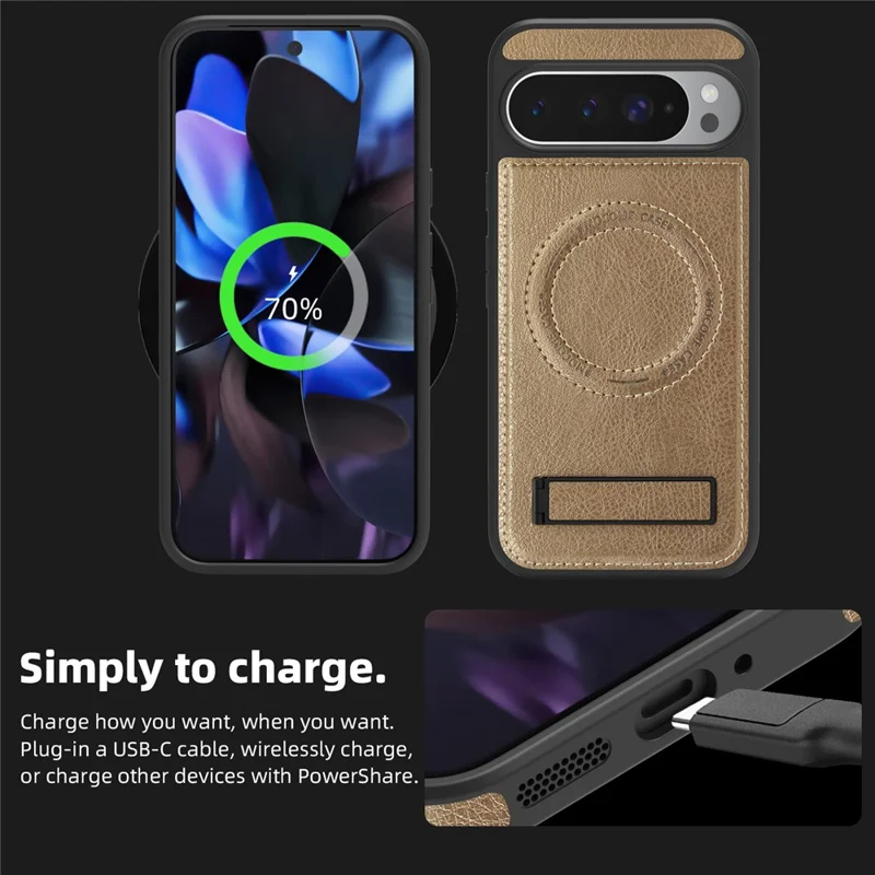 For Google Pixel 9 Pro XL Magnetic Case with Folded Kickstand PC Silicone Leather Phone Back Cover - Desert Gold
