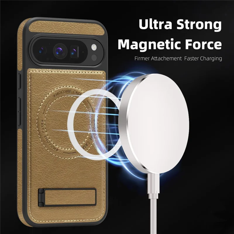 For Google Pixel 9 Pro XL Magnetic Case with Folded Kickstand PC Silicone Leather Phone Back Cover - Desert Gold