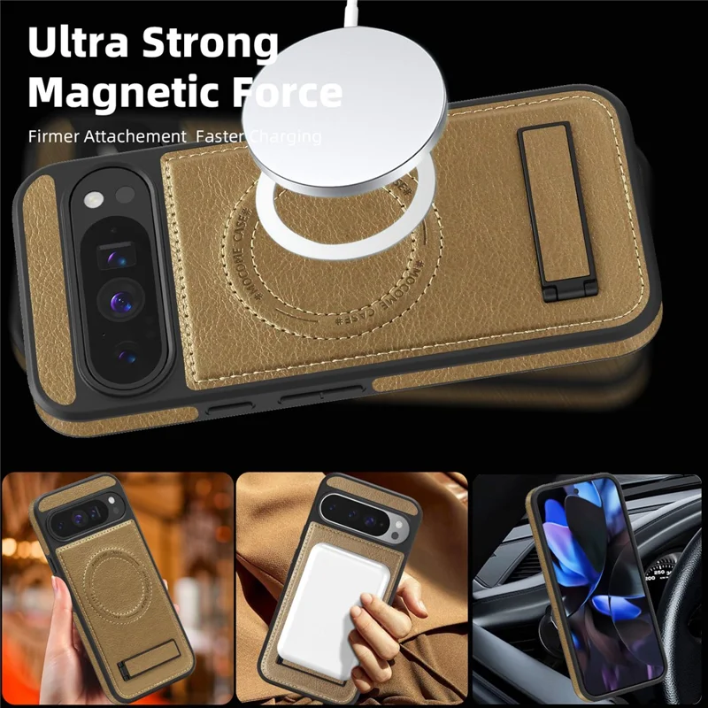For Google Pixel 9 Pro XL Magnetic Case with Folded Kickstand PC Silicone Leather Phone Back Cover - Desert Gold
