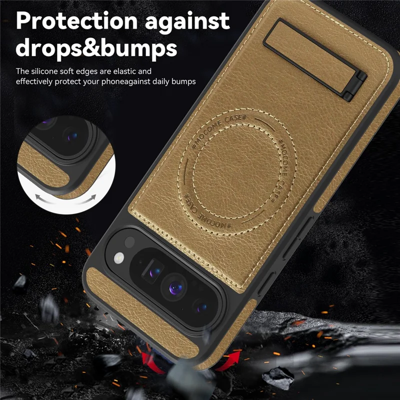 For Google Pixel 9 Pro XL Magnetic Case with Folded Kickstand PC Silicone Leather Phone Back Cover - Desert Gold