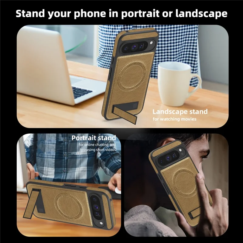 For Google Pixel 9 Pro XL Magnetic Case with Folded Kickstand PC Silicone Leather Phone Back Cover - Desert Gold