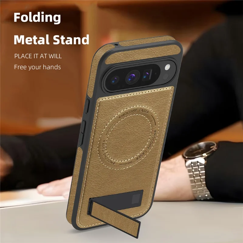 For Google Pixel 9 Pro XL Magnetic Case with Folded Kickstand PC Silicone Leather Phone Back Cover - Desert Gold