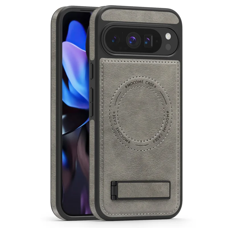For Google Pixel 9 Pro XL Magnetic Case with Folded Kickstand PC Silicone Leather Phone Back Cover - Grey