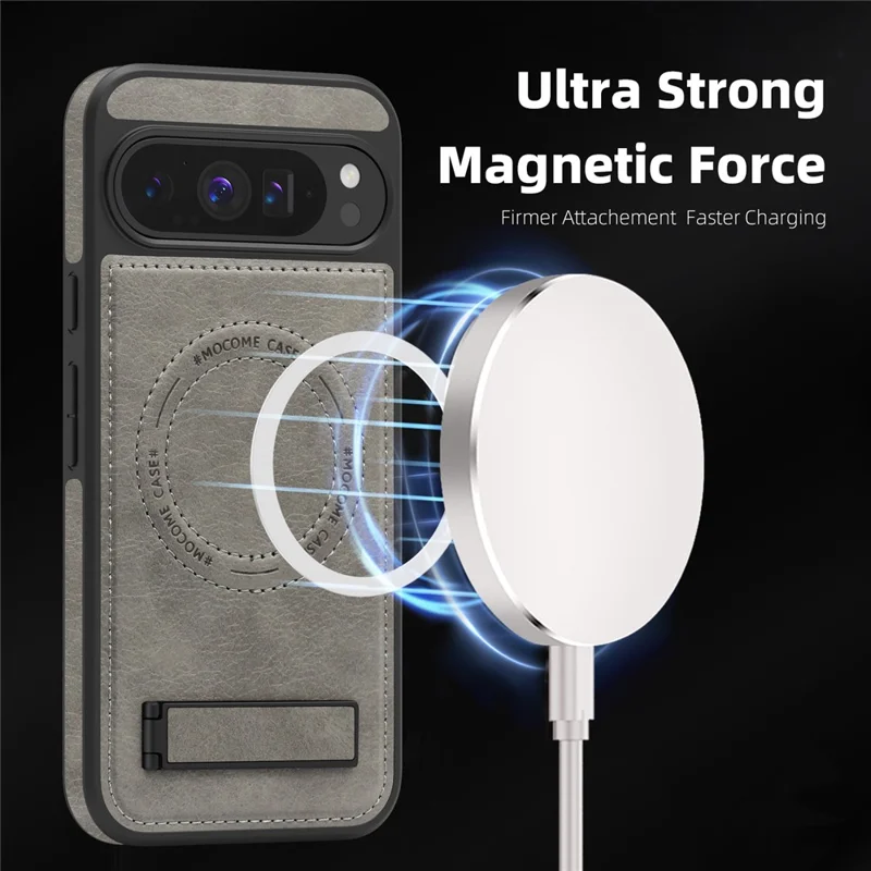 For Google Pixel 9 Pro XL Magnetic Case with Folded Kickstand PC Silicone Leather Phone Back Cover - Grey