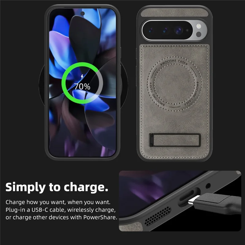 For Google Pixel 9 Pro XL Magnetic Case with Folded Kickstand PC Silicone Leather Phone Back Cover - Grey