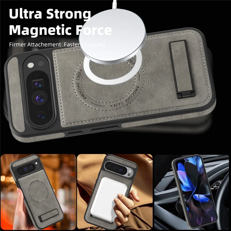 For Google Pixel 9 Pro XL Magnetic Case with Folded Kickstand PC Silicone Leather Phone Back Cover - Grey