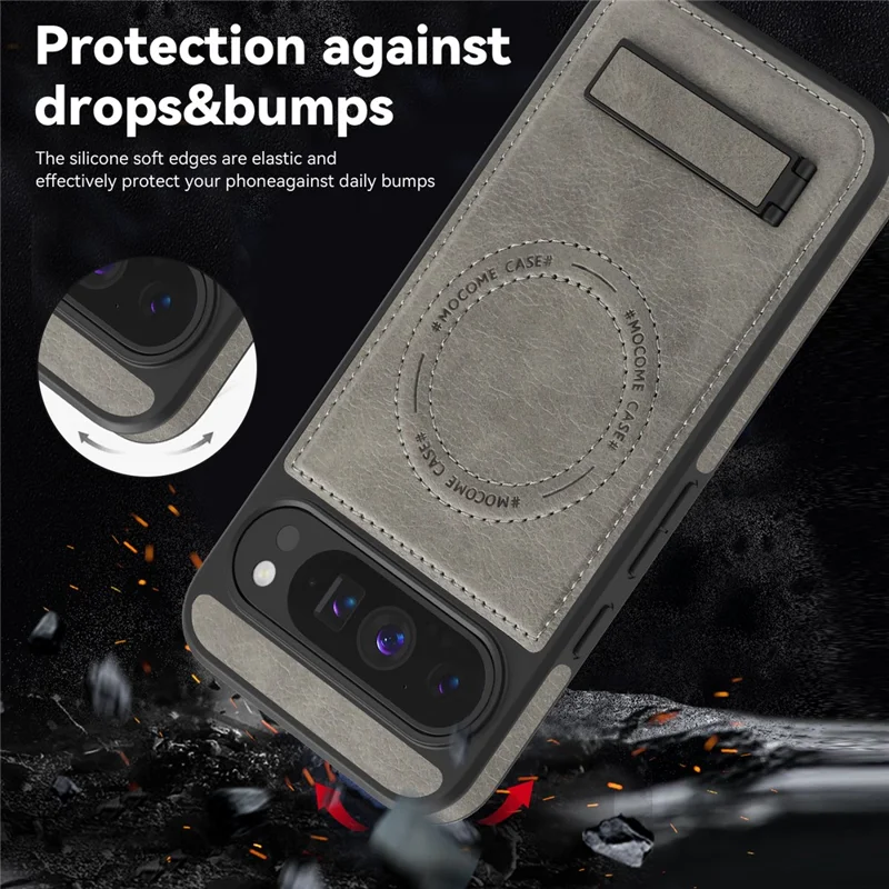 For Google Pixel 9 Pro XL Magnetic Case with Folded Kickstand PC Silicone Leather Phone Back Cover - Grey