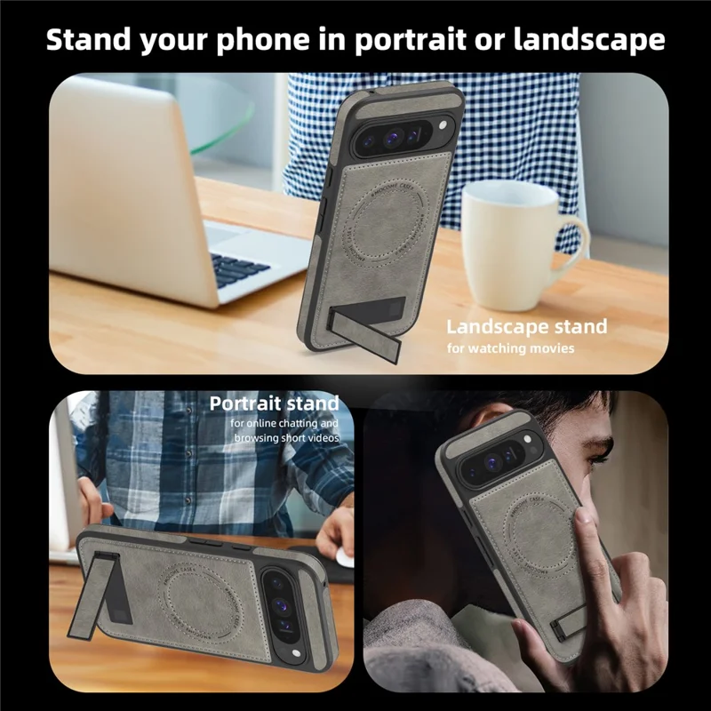 For Google Pixel 9 Pro XL Magnetic Case with Folded Kickstand PC Silicone Leather Phone Back Cover - Grey