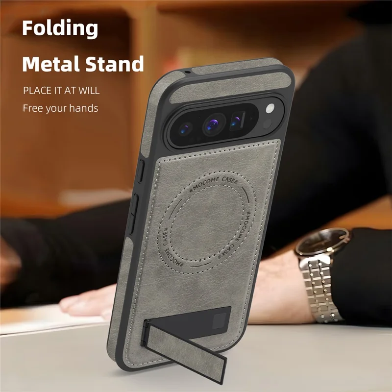 For Google Pixel 9 Pro XL Magnetic Case with Folded Kickstand PC Silicone Leather Phone Back Cover - Grey