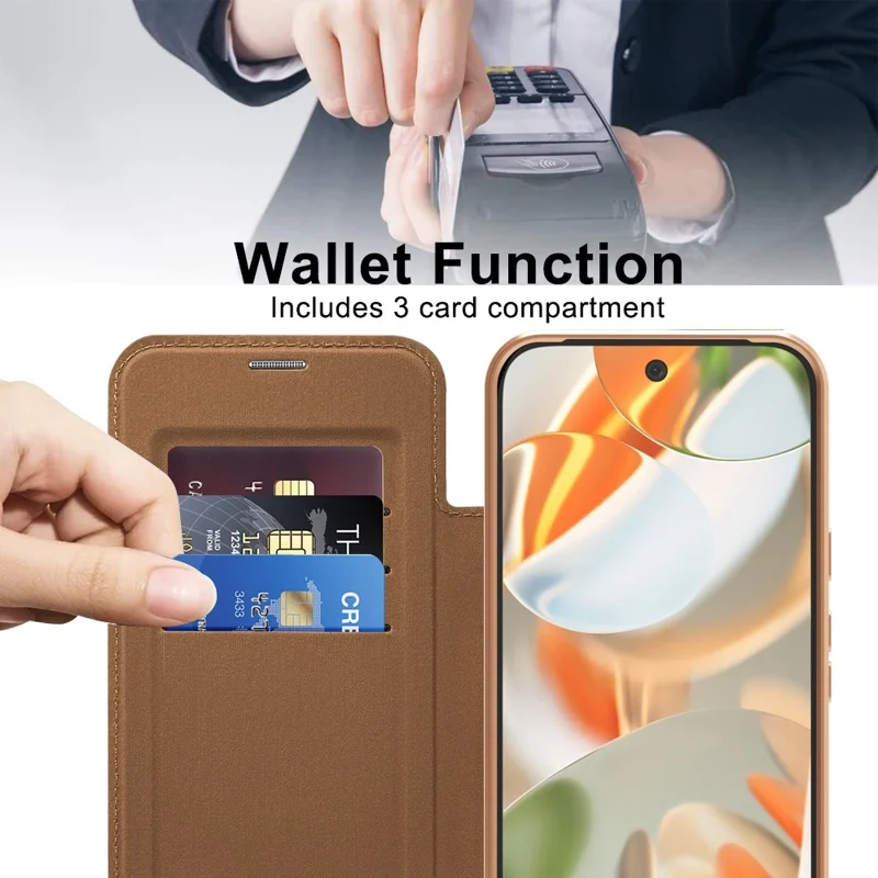 For Google Pixel 10 Pro XL Magnetic Case RFID Blocking Leather Phone Cover - Brown