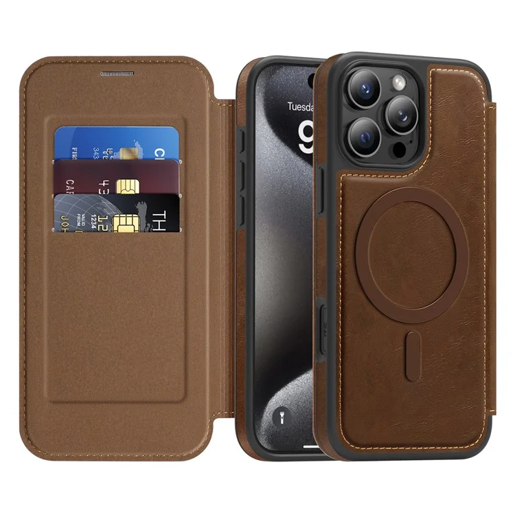 For iPhone 15 Pro Max Case Compatible with MagSafe RFID Blocking Card Holder Leather Phone Cover - Coffee