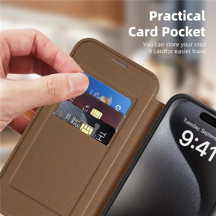 For iPhone 15 Pro Max Case Compatible with MagSafe RFID Blocking Card Holder Leather Phone Cover - Coffee