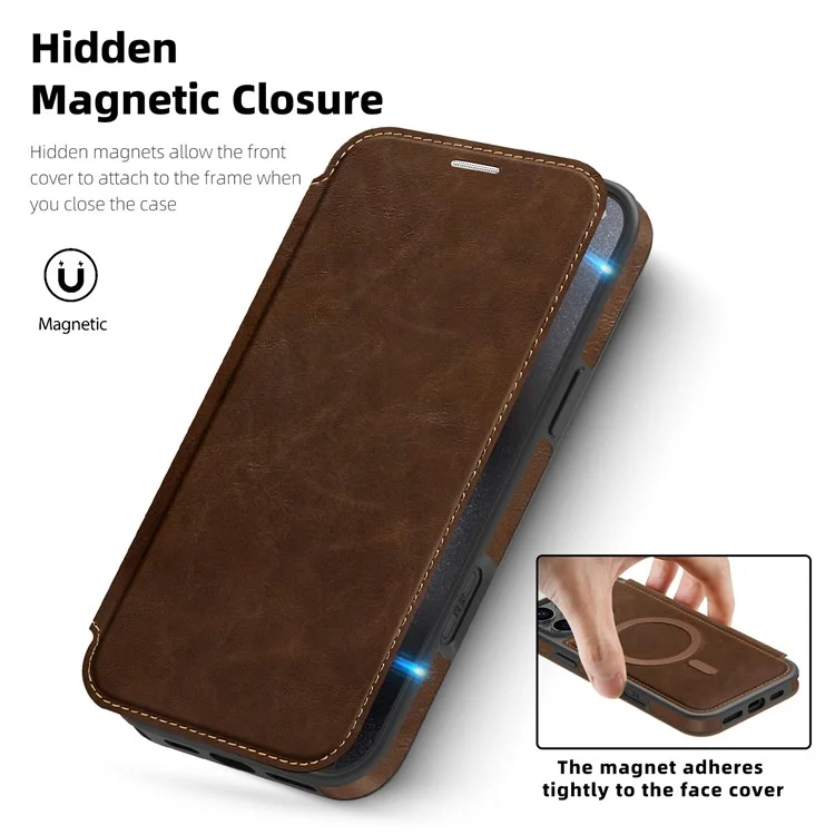 For iPhone 15 Pro Max Case Compatible with MagSafe RFID Blocking Card Holder Leather Phone Cover - Coffee