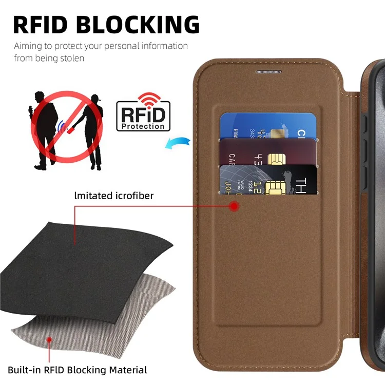 For iPhone 15 Pro Max Case Compatible with MagSafe RFID Blocking Card Holder Leather Phone Cover - Coffee