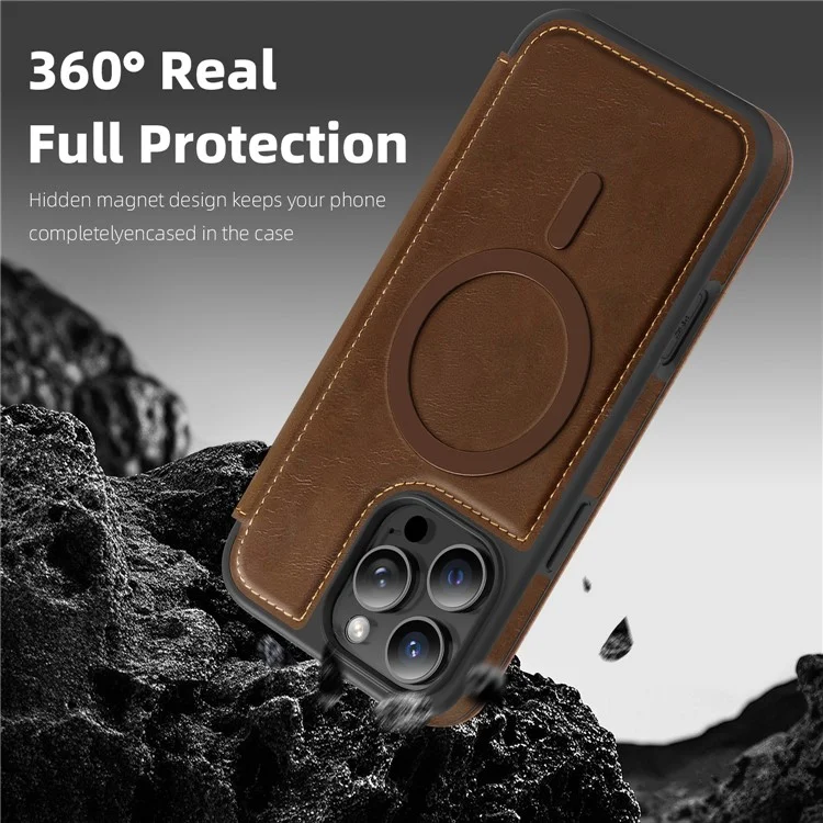 For iPhone 15 Pro Max Case Compatible with MagSafe RFID Blocking Card Holder Leather Phone Cover - Coffee