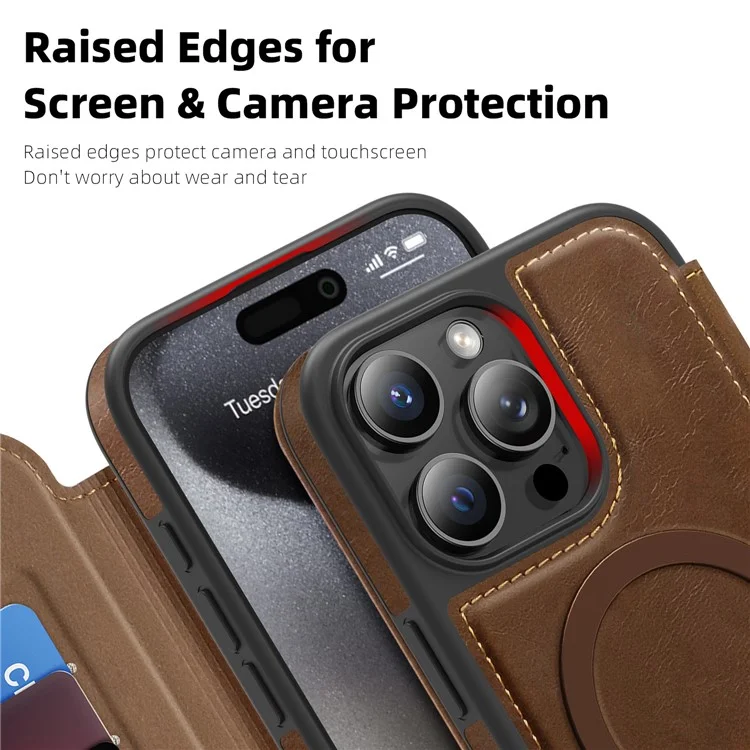 For iPhone 15 Pro Max Case Compatible with MagSafe RFID Blocking Card Holder Leather Phone Cover - Coffee