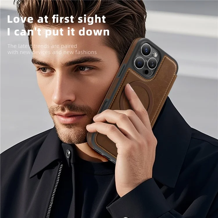 For iPhone 15 Pro Max Case Compatible with MagSafe RFID Blocking Card Holder Leather Phone Cover - Coffee