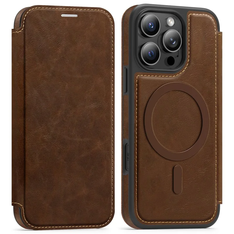 Capa para iPhone 15 Pro Compatível com MagSafe, Bloqueador de RFID, Porta-cartões, Couro - Marrom Café