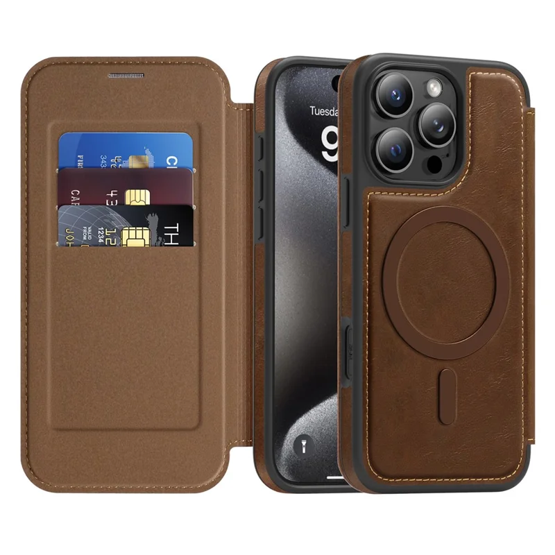Capa para iPhone 15 Pro Compatível com MagSafe, Bloqueador de RFID, Porta-cartões, Couro - Marrom Café