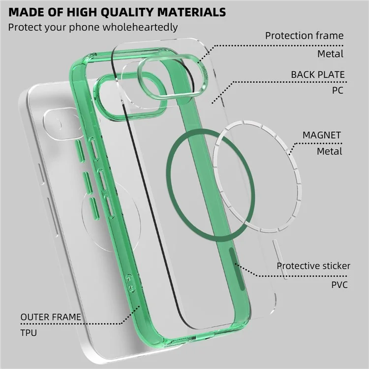 Étui magnétique pour Google Pixel 9a Compatible avec MagSafe, Coque de téléphone transparente en TPU et PC - Vert transparent