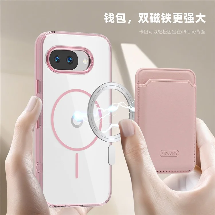 Étui magnétique pour Google Pixel 9a Compatible avec MagSafe TPU + PC avec Pochette à Carte - Rose Transparent