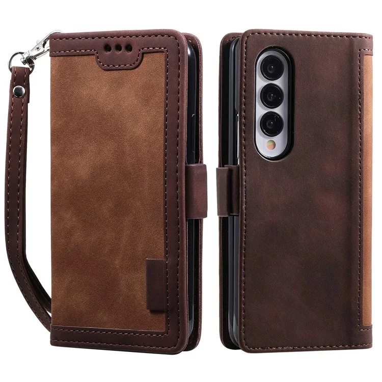 For Samsung Galaxy Z Fold4 5G Retro Color Splicing PU Leather Shockproof Phone Case Flip Stand Wallet Cover with Handy Strap - Brown