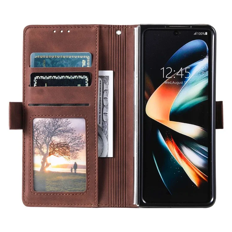 For Samsung Galaxy Z Fold4 5G Retro Color Splicing PU Leather Shockproof Phone Case Flip Stand Wallet Cover with Handy Strap - Brown