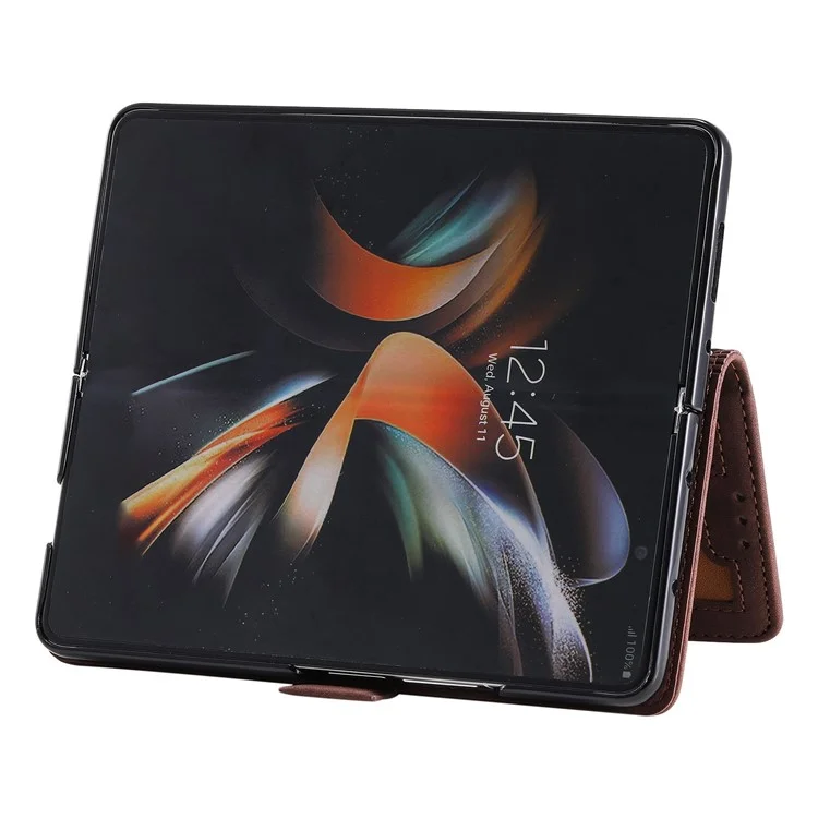 For Samsung Galaxy Z Fold4 5G Retro Color Splicing PU Leather Shockproof Phone Case Flip Stand Wallet Cover with Handy Strap - Brown