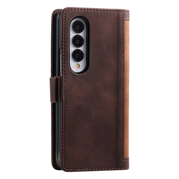 For Samsung Galaxy Z Fold4 5G Retro Color Splicing PU Leather Shockproof Phone Case Flip Stand Wallet Cover with Handy Strap - Brown