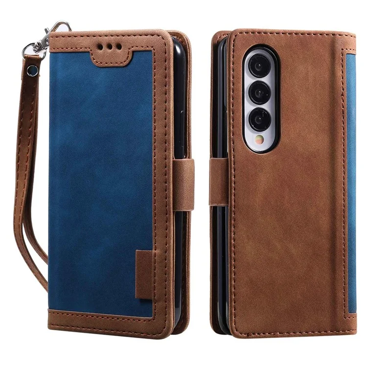 For Samsung Galaxy Z Fold4 5G Retro Color Splicing PU Leather Shockproof Phone Case Flip Stand Wallet Cover with Handy Strap - Blue