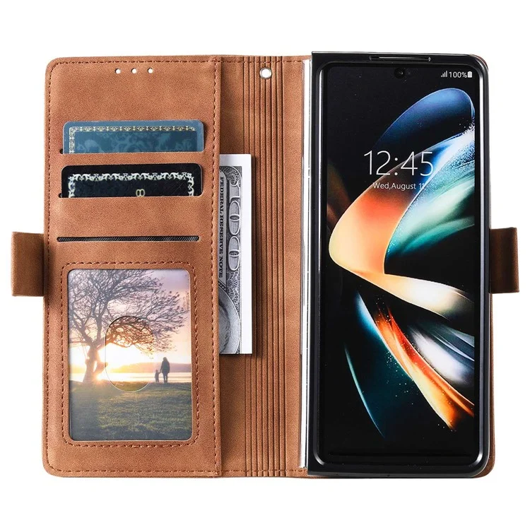 For Samsung Galaxy Z Fold4 5G Retro Color Splicing PU Leather Shockproof Phone Case Flip Stand Wallet Cover with Handy Strap - Blue