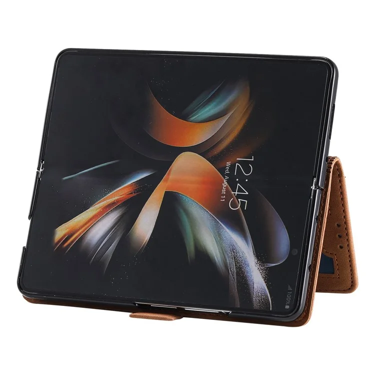 For Samsung Galaxy Z Fold4 5G Retro Color Splicing PU Leather Shockproof Phone Case Flip Stand Wallet Cover with Handy Strap - Blue