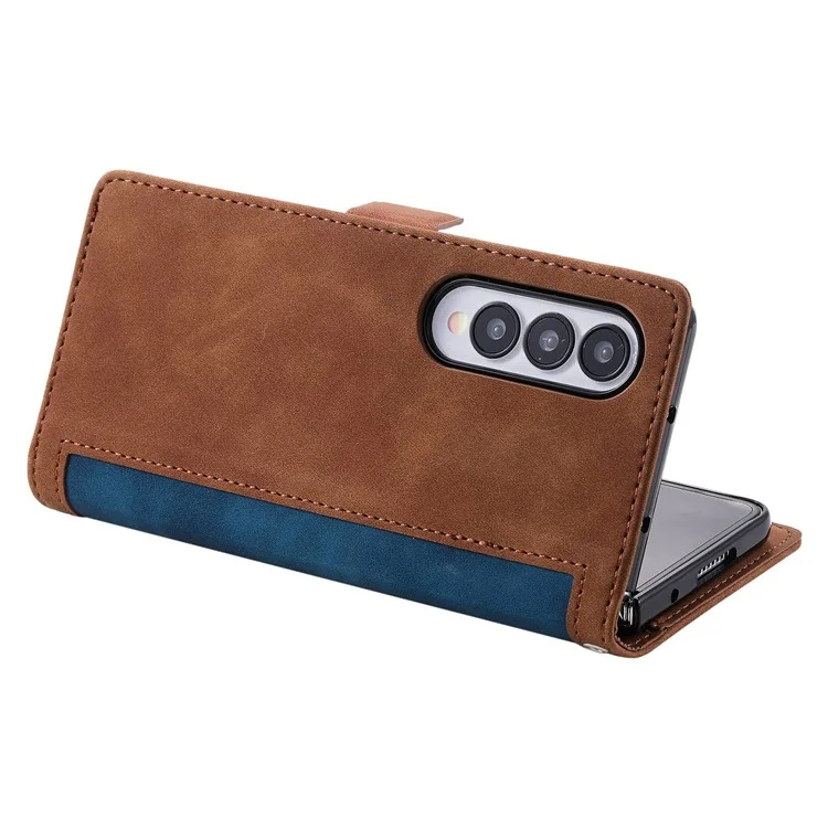 For Samsung Galaxy Z Fold4 5G Retro Color Splicing PU Leather Shockproof Phone Case Flip Stand Wallet Cover with Handy Strap - Blue