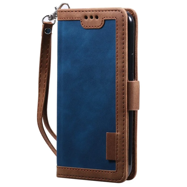 For Samsung Galaxy Z Fold4 5G Retro Color Splicing PU Leather Shockproof Phone Case Flip Stand Wallet Cover with Handy Strap - Blue