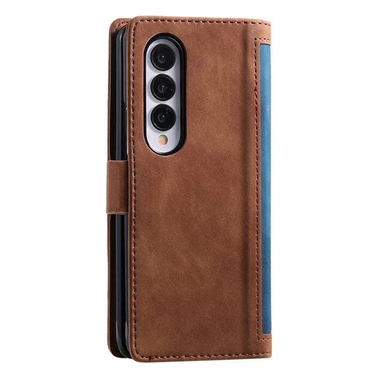For Samsung Galaxy Z Fold4 5G Retro Color Splicing PU Leather Shockproof Phone Case Flip Stand Wallet Cover with Handy Strap - Blue