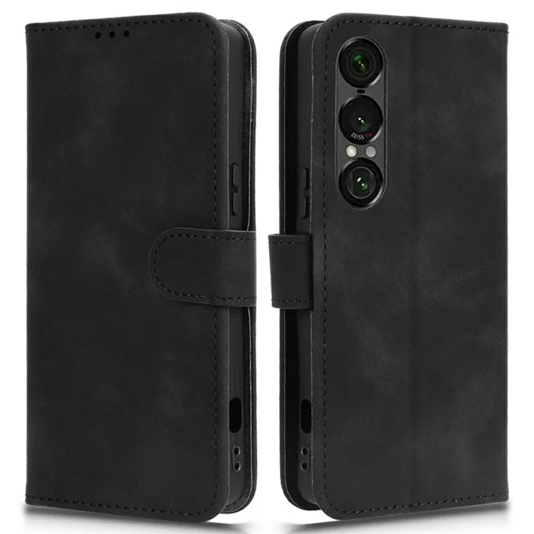 Capa de Couro para Sony Xperia 1 VII Estilo Pele Antiderrapante Carteira Capa de Telefone Flip - Preto